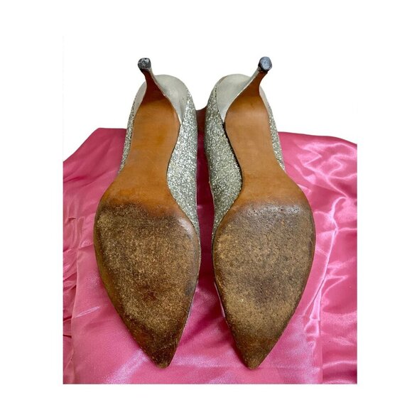 Vintage 1950s Schiaparelli Silver Glitter Pumps w/ Bow & Rhinestone Sz 10 3A - Picture 6 of 8